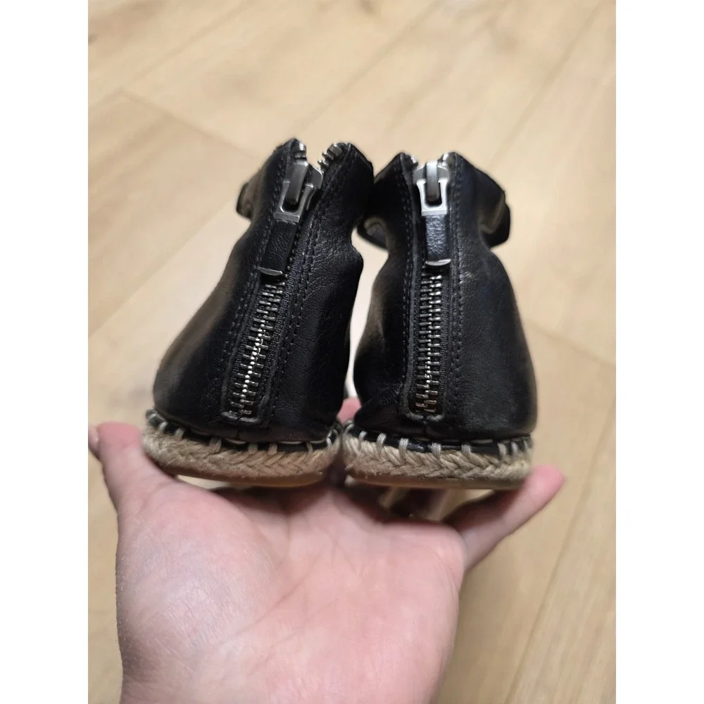 Eileen Fisher Lala Espadrille Flat Sandals Black Leather Ankle Strap Size 6.5